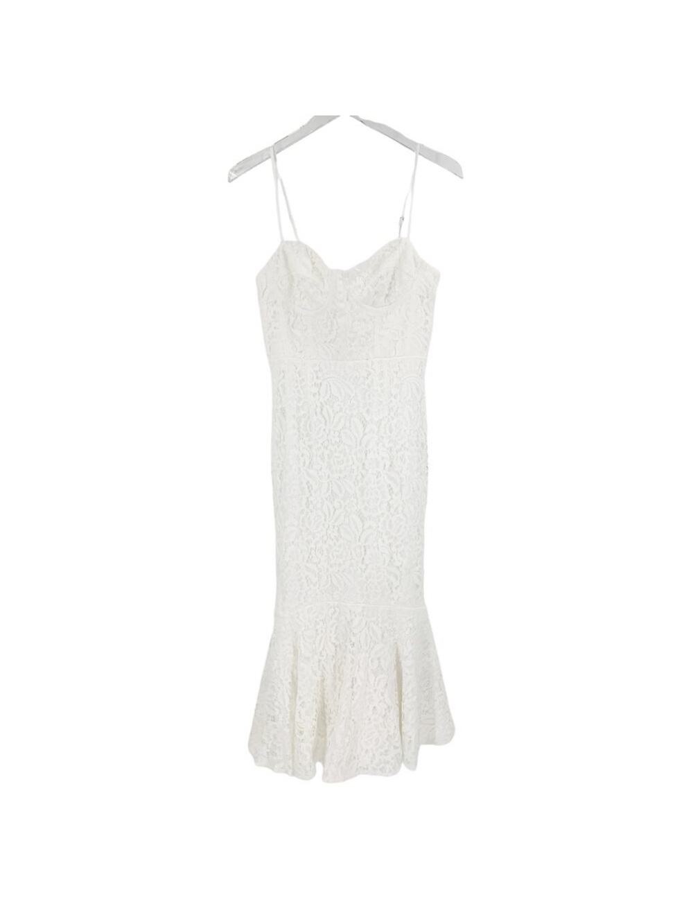 Lulu's White Lace Spaghetti-Strap Midi Dress with Flounce Hem
